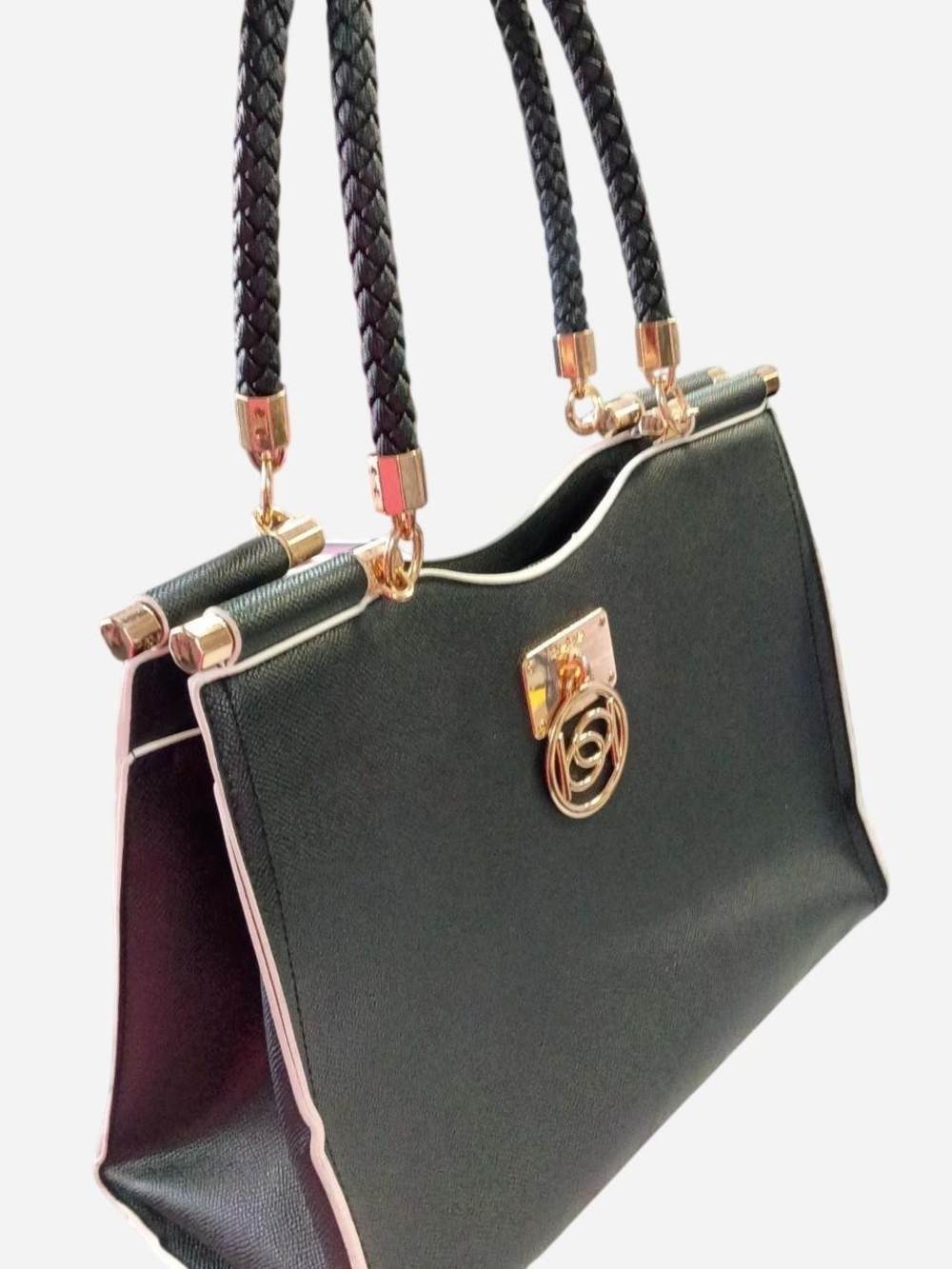 Bebe Black Satchel with Gold Hardware and Cream Piping